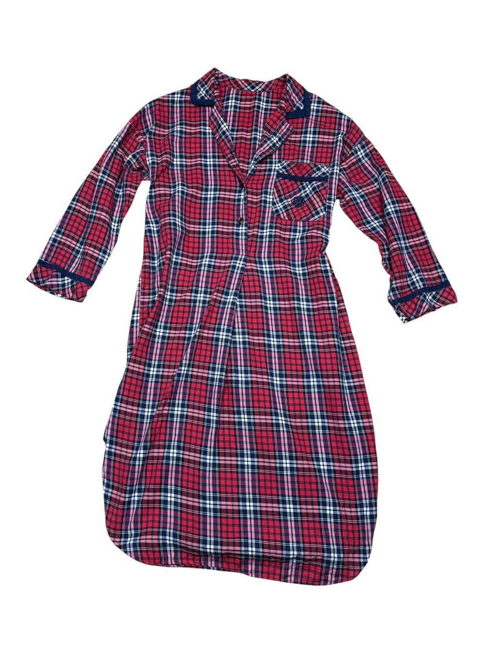 Dior Red Navy Blue White Plaid Flannel Nightgown Button Front Sleep Shirt Small